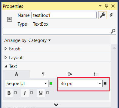 Screenshot that shows the Name set as textBox1 in the properties, and the Tex tab open with 36px selected as the text size.