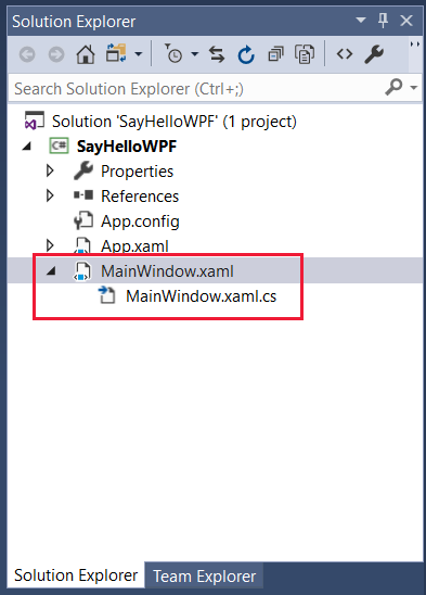 Screenshot that shows the MainPage.xaml and MainPage.xaml.cs files in a red box in Solution Explorer.