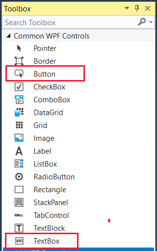 Screenshot that shows the Toolbox menu in Visual Studio with Button and TextBox in red boxes.