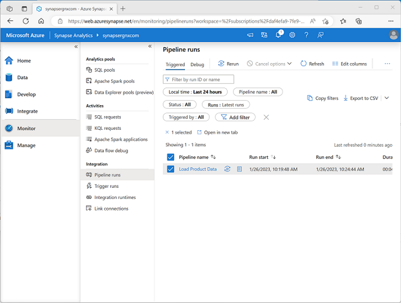 パイプラインの実行を示す Azure Synapse Studio の [監視] ページのスクリーンショット。