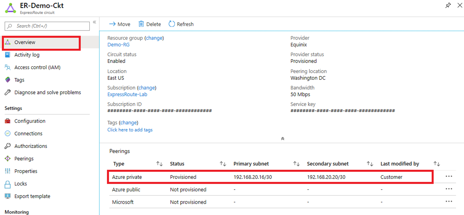 Screenshot of Expressroute peerings.