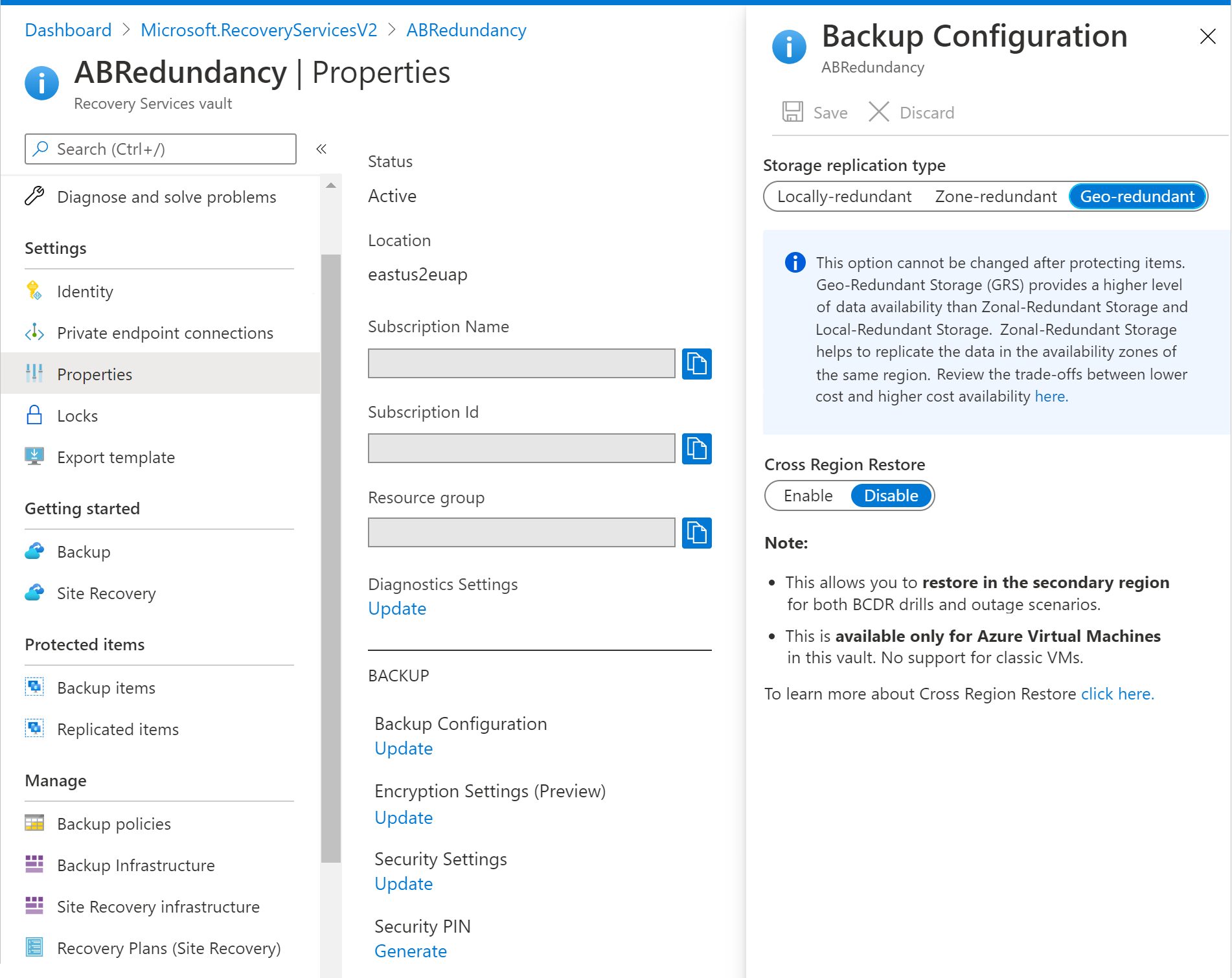 Screenshot that shows how to configure a Recovery Services vault backup page in the Azure portal.