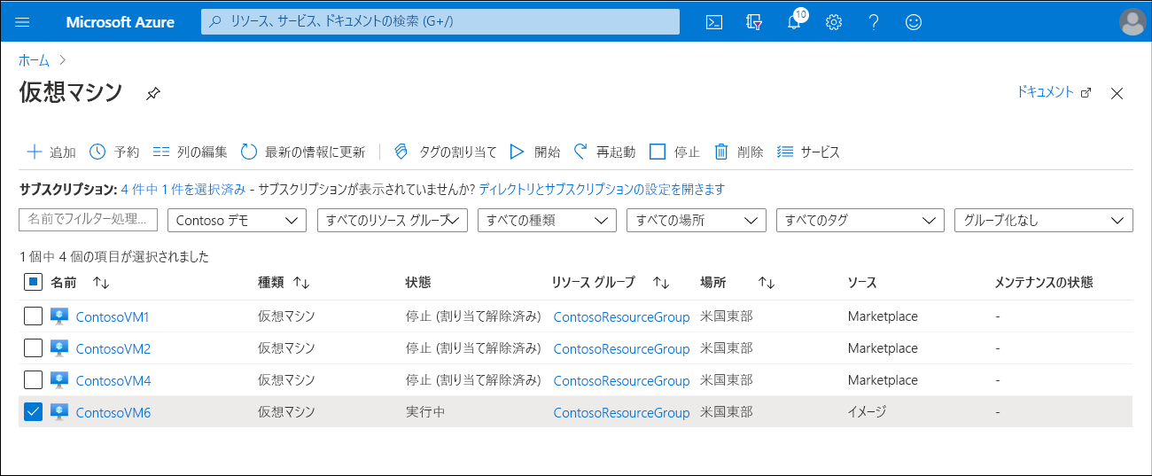 A screenshot of a Virtual Machines blade displaying the list of VMs in an Azure subscription called Contoso Demo. ContosoVM6 (selected) displays the Source as Image, while the other three VMs have a source of Marketplace.