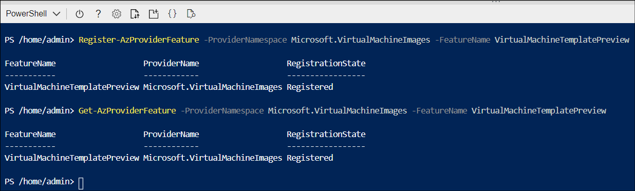 A screenshot that displays the registration state as registered for all four required components in Azure Image Builder.