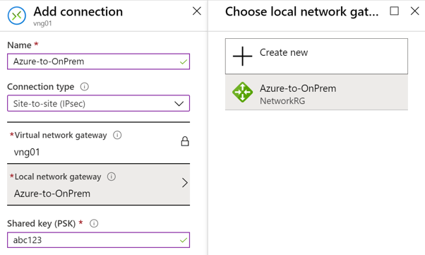 Screenshot of the Add Connection page in the Azure portal. TestVNet4GW is selected as the second virtual network gateway. The Shared key is abc123.