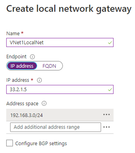 Screenshot of the Create local network gateway page. The Name is VNet1LocalNet. The IP address is 128.8.8.8. The Address space is 10.101.0.0 24.