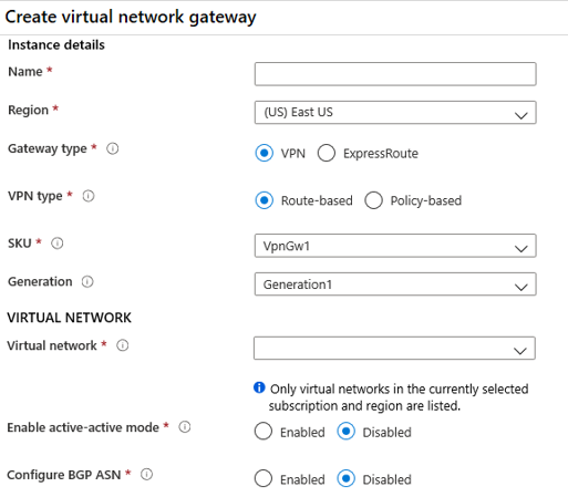 Create a virtual network gateway page in the Azure portal