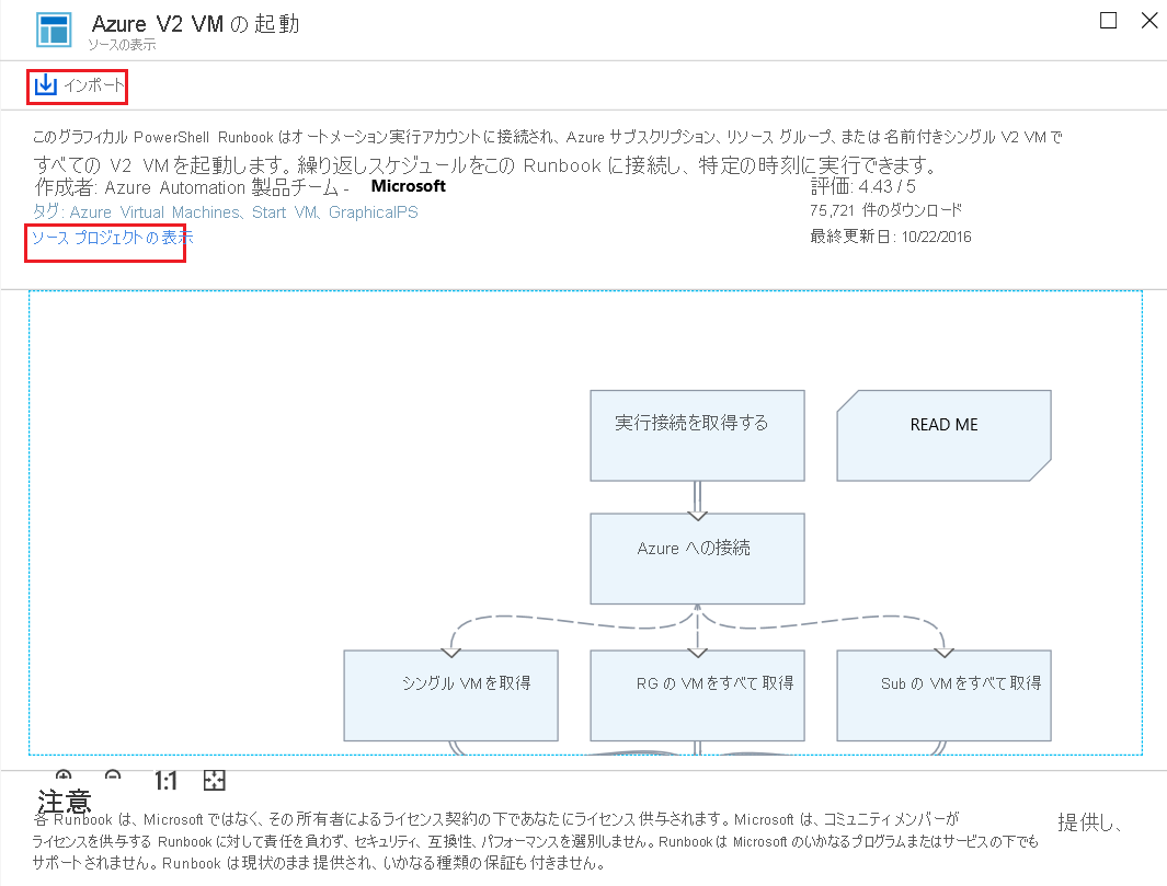 Screenshot of Star Azure V2 VMs runbook in the runbook gallery in Azure Automation. Both the Import and View Source Project options are highlighted. A graphical diagram of the runbook also displays.