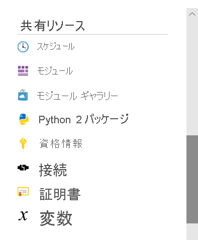 Screenshot of the shared resources section in the Azure Automation account pane. Eight shared resources display, Schedules, Modules, Modules gallery, Python 2 packages, Credentials, Connections, Certificates, and Variables.