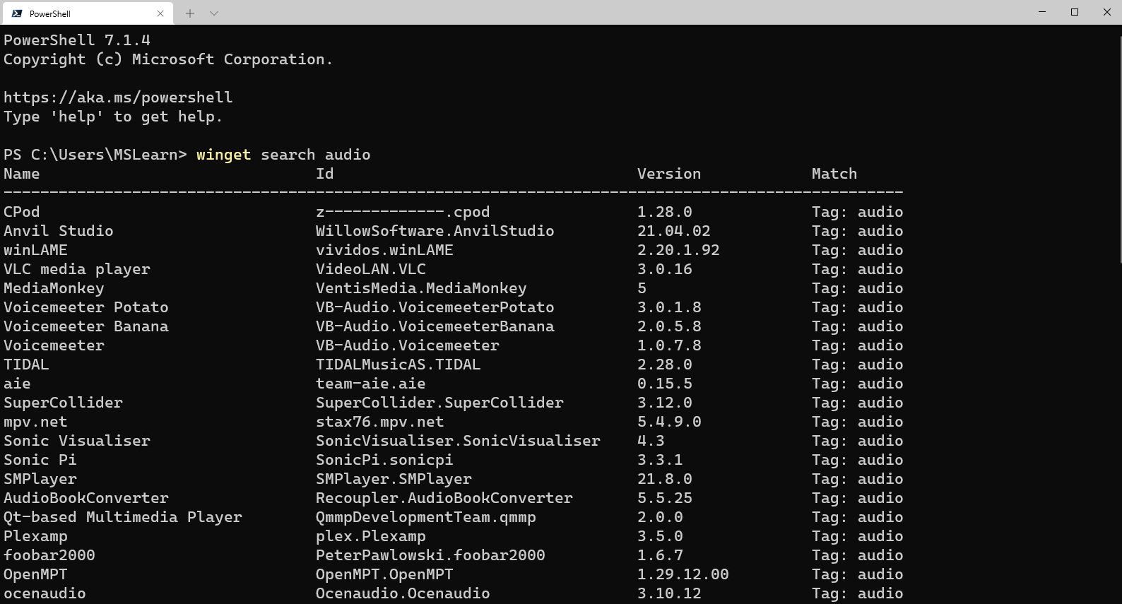 Windows Package Manager Audio Search Results