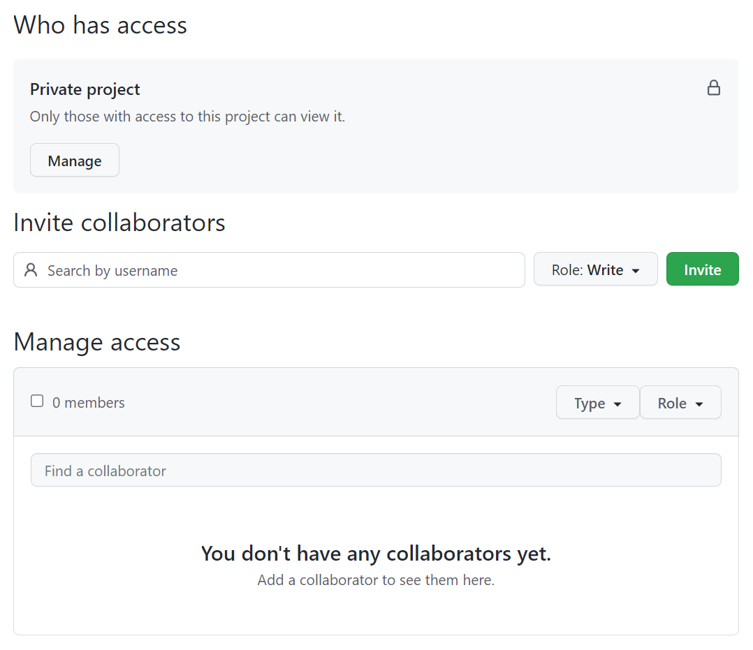 アクセスを管理する GitHub プロジェクト設定のスクリーンショット。