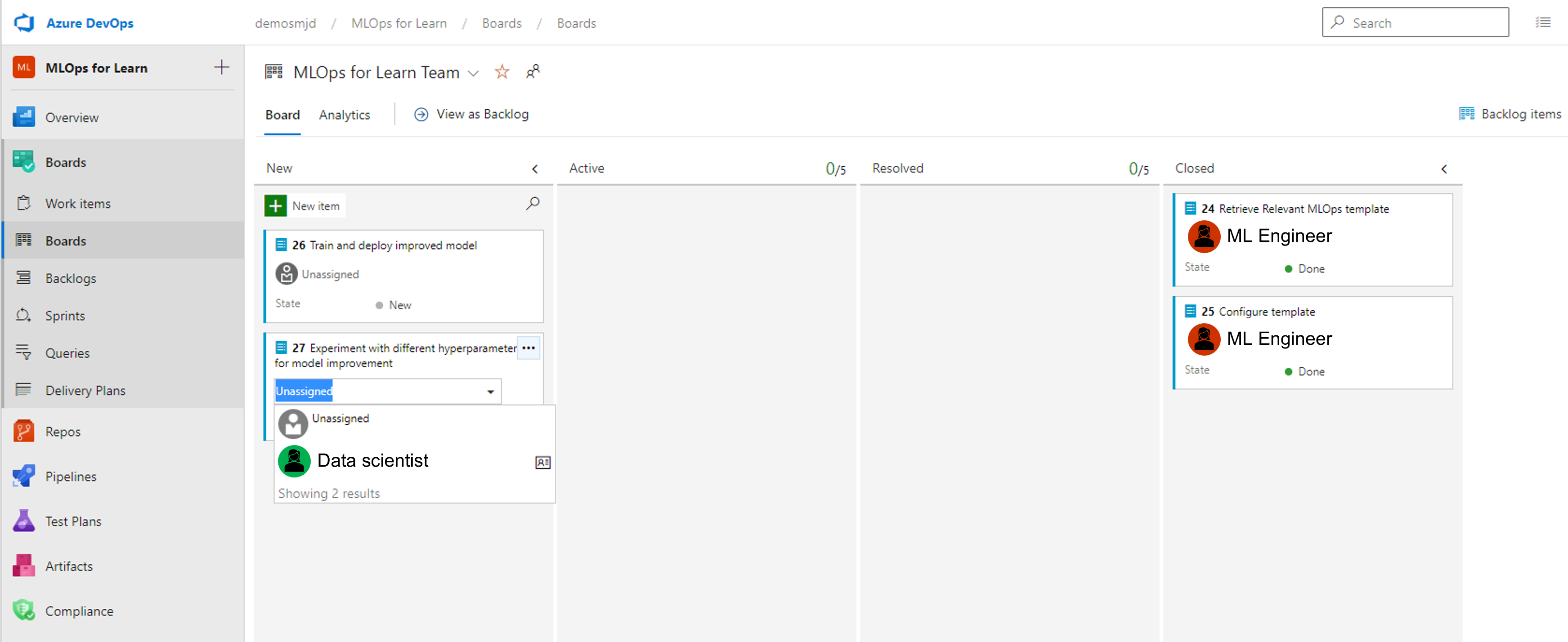 Azure Boards ボードの概要のスクリーンショット。