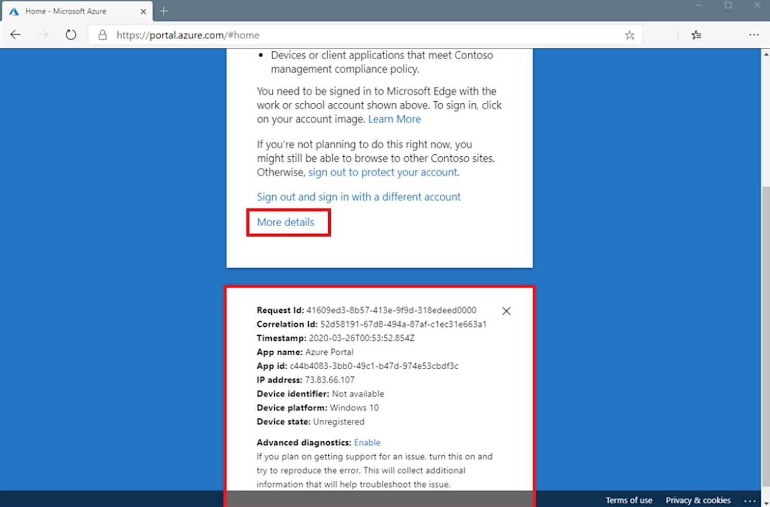 More details from a Conditional Access interrupted web browser sign-in.