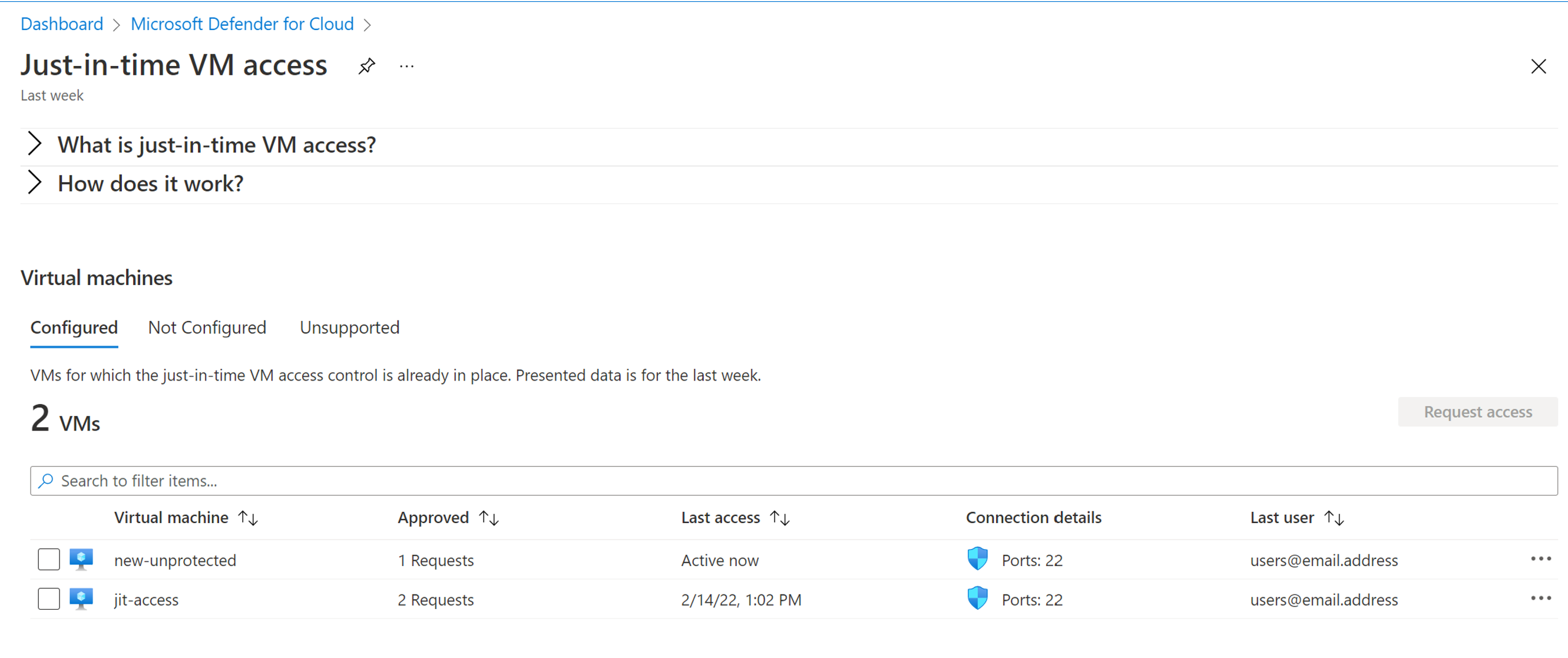 A screenshot of the currently configured JIT VM access showing two VMs and their current status of access.