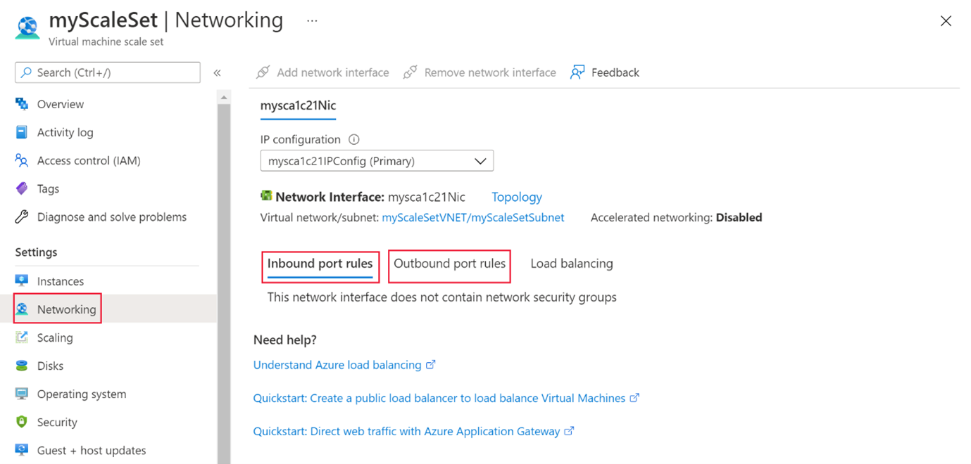 A screenshot of Networking selected, with inbound and outbound port rules highlighted.