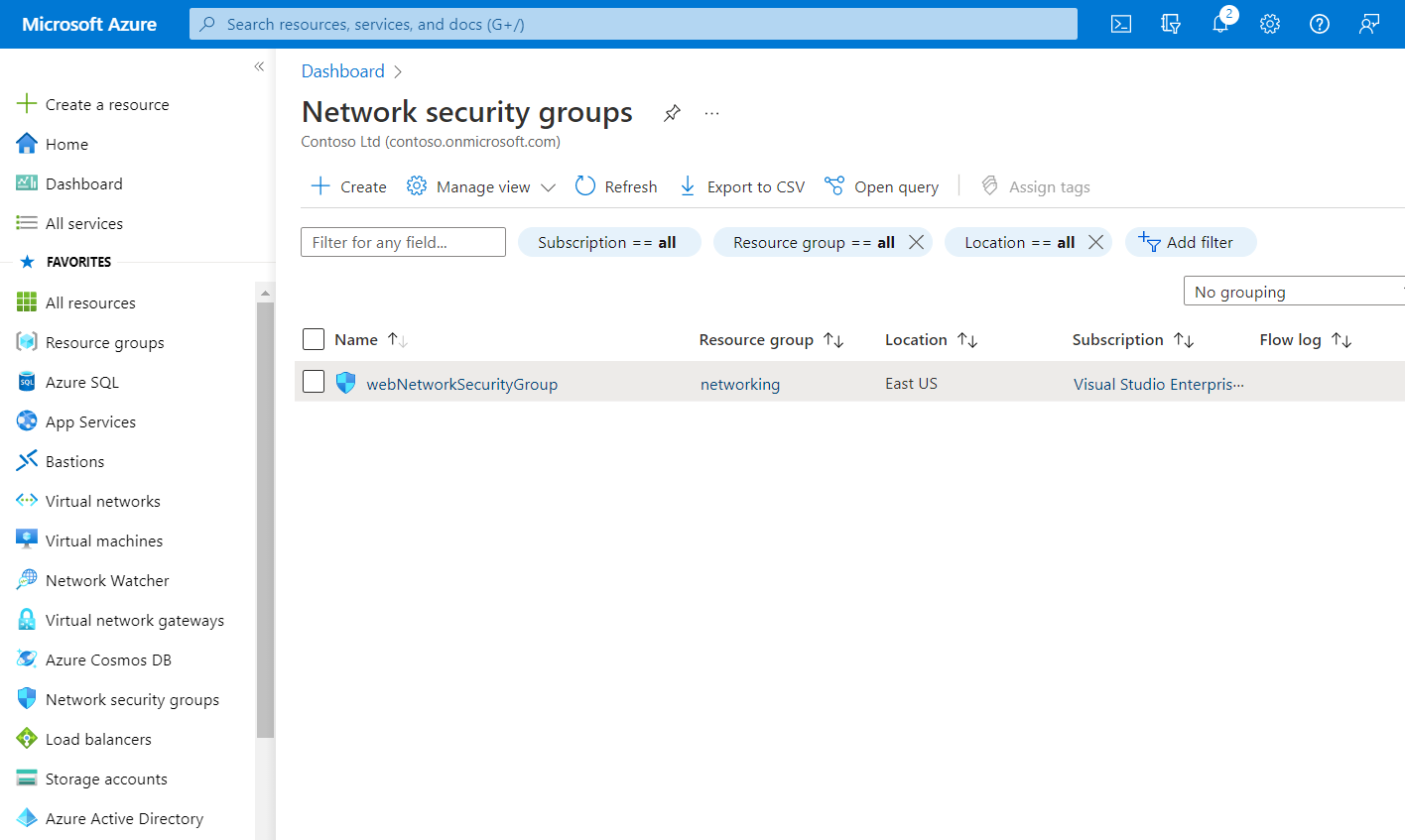 A screenshot showing that in this environment there are no NSGs created.