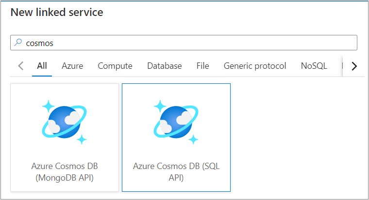 Cosmos DB リンク サービスの Azure Synapse Studio での検索結果を示すスクリーンショット。