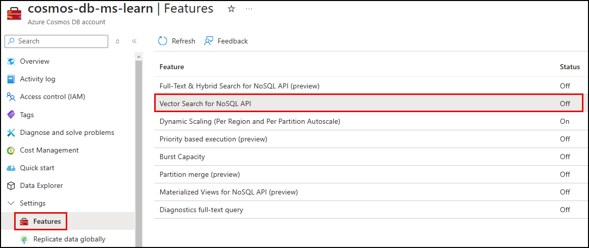 Azure Cosmos DB NoSQL データベースの [機能] ページのスクリーンショットが表示され、機能一覧で [Vector Search for NoSQL API] 機能が強調表示されています。