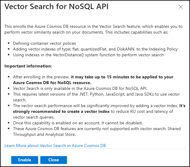 [Vector Search for NoSQL API enrollment]\(NoSQL API 登録のベクター検索\) ダイアログのスクリーンショット。