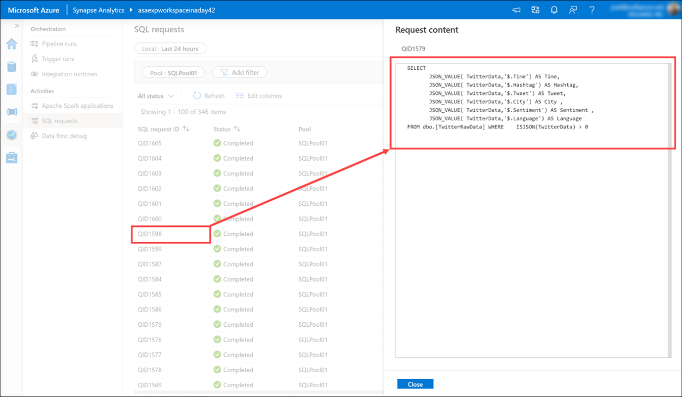 Azure Synapse Studio の監視ハブで SQL 要求に関する詳細情報を表示する