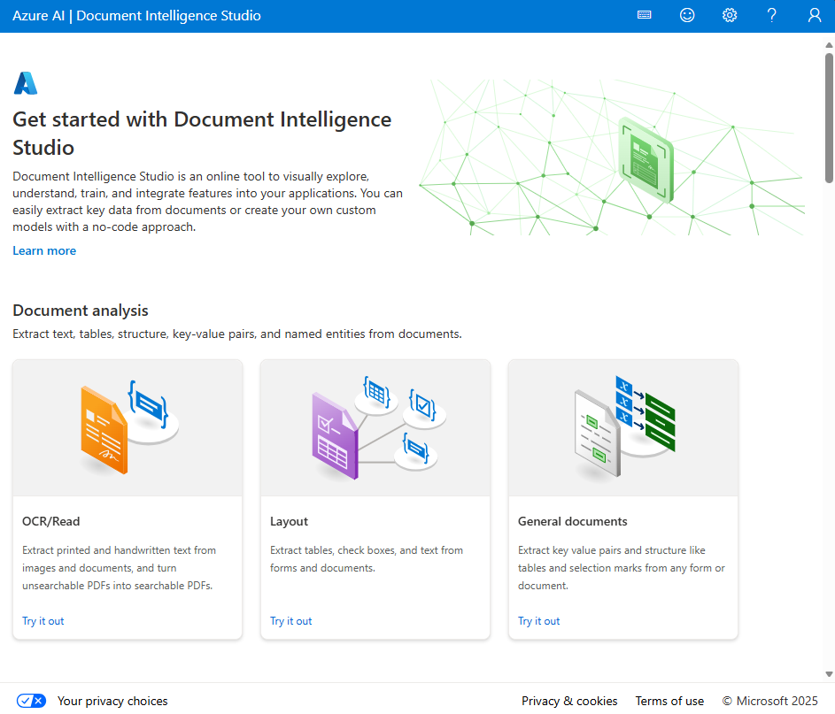 Document Intelligence Studio のホーム ページを示すスクリーンショット。