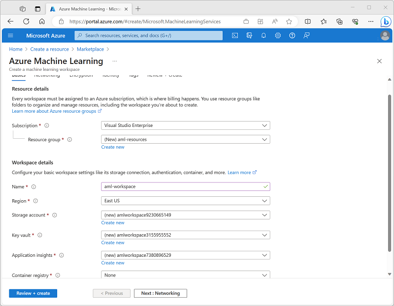 Azure portal の[Create Azure Machine Learning workspace] (Azure Machine Learning ワークスペースを作成する) ページのスクリーンショット。