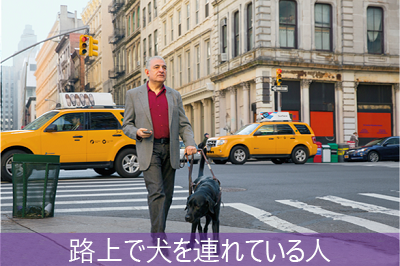 An image of a person with a dog on a street and the caption 