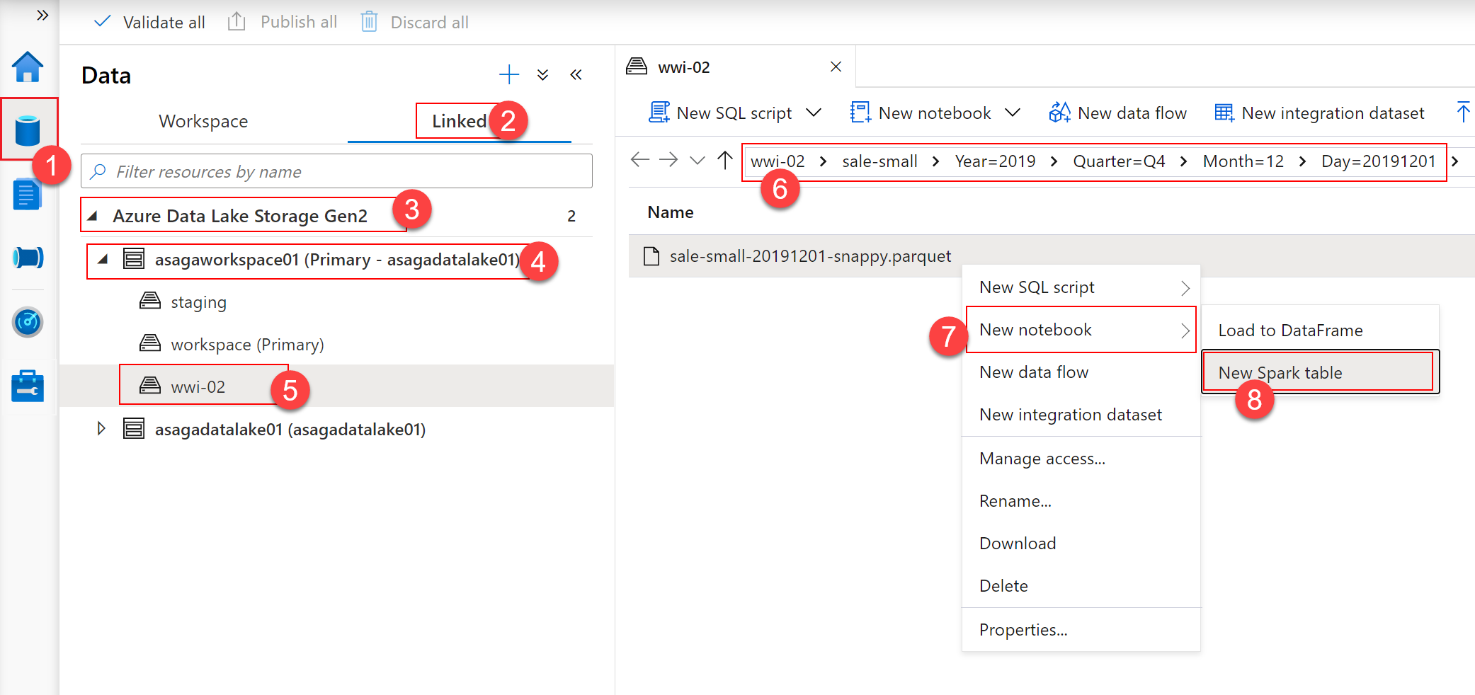 Create new Spark table from Parquet file in primary data lake