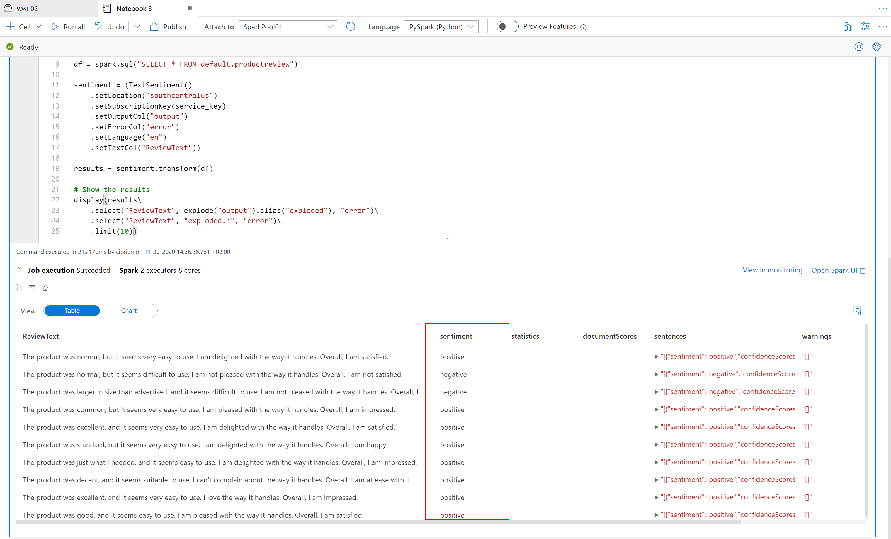 Sentiment analysis on data from the Spark table