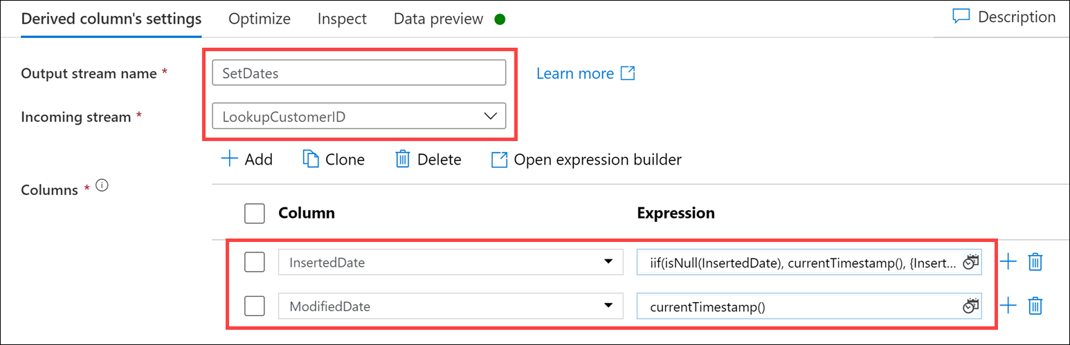 Derived column settings Another Derived column's settings form is configured as described.