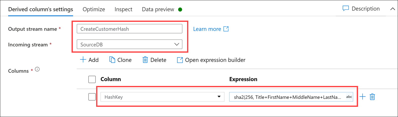 Derived column settings The Derived column's settings form is configured as described.