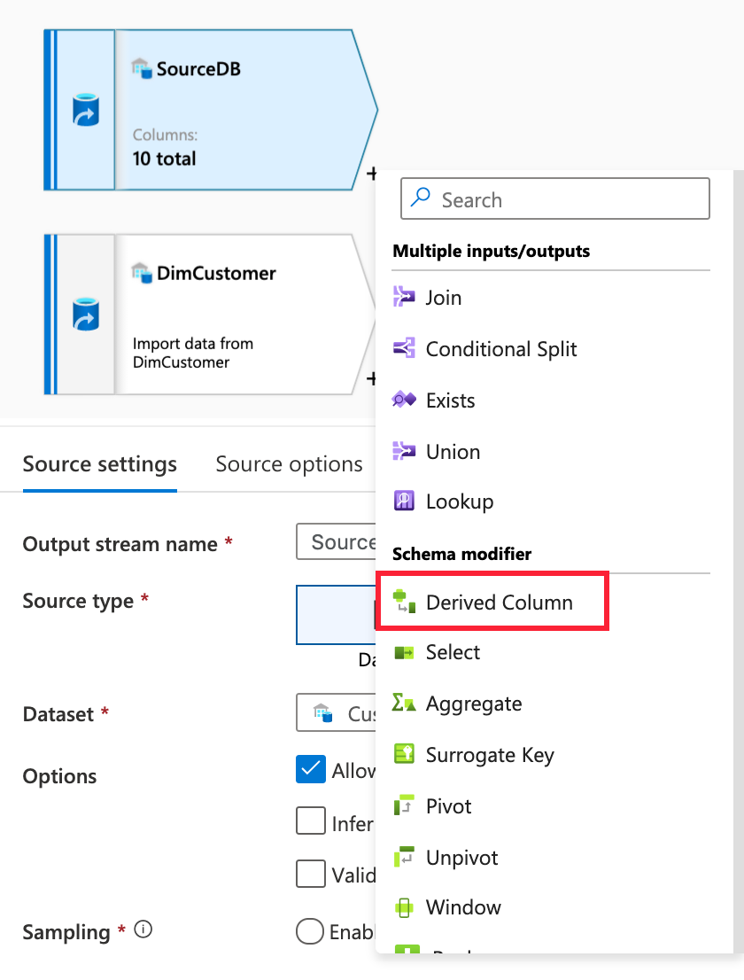 New Derived Column The plus button and derived column menu item are highlighted.