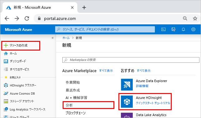 Screenshot that shows the Azure portal with Create a resource, Analytics, and Azure H D Insight highlighted.