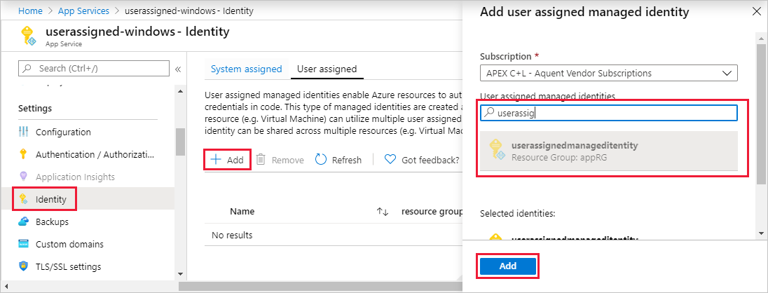 [アプリ サービス] 画面での Azure portal のスクリーンショット。ユーザー割り当て済み ID の追加が強調表示されています。
