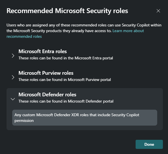推奨される Microsoft Security ロールを示す画面キャプチャ。これには、Microsoft Entra、Microsoft Purview、および Microsoft Defender のロールが含まれます。
