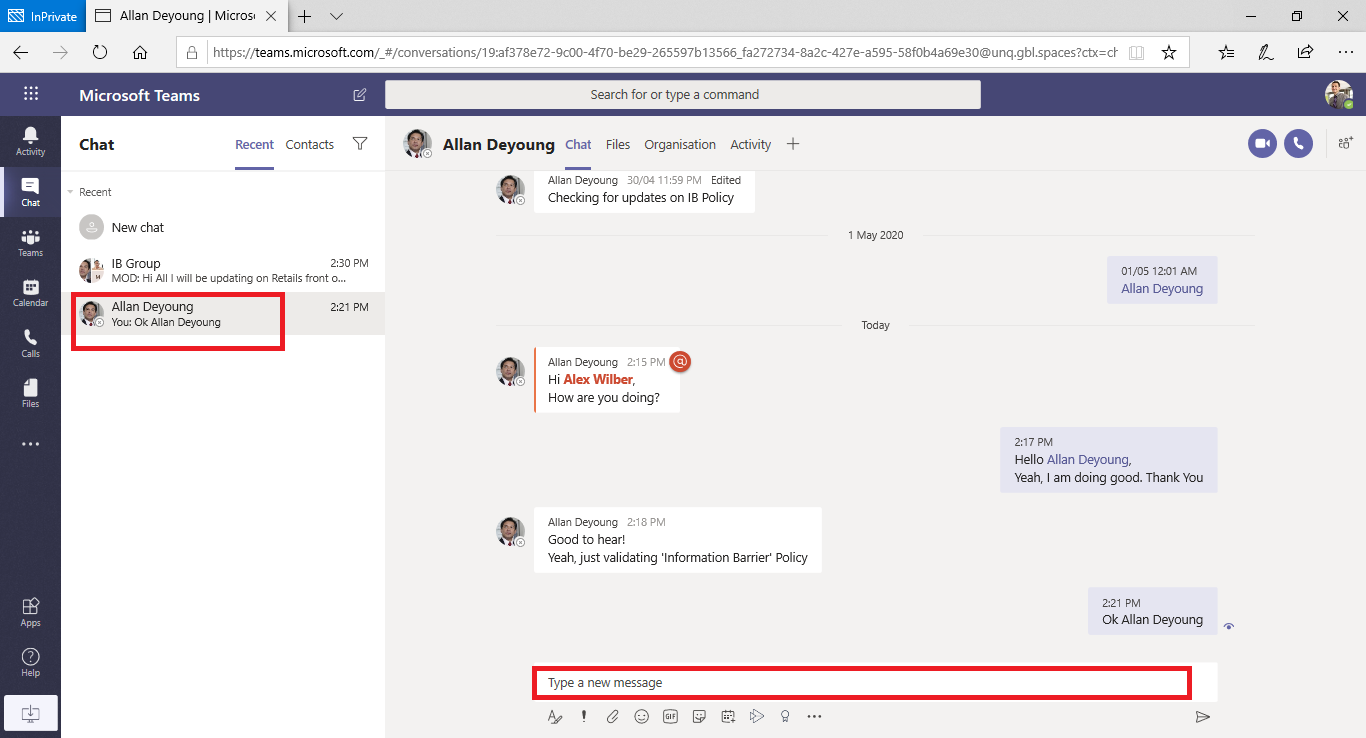 Screenshot showing the availability of a user chat before Teams applies an information barrier policy.