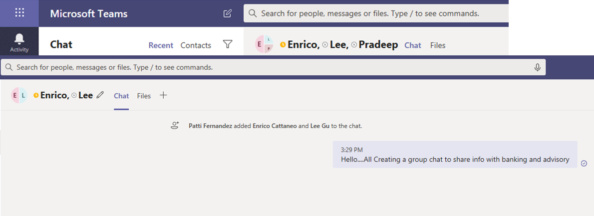 Screenshot showing group chat in Microsoft Teams, where an administrator added two users to the chat.