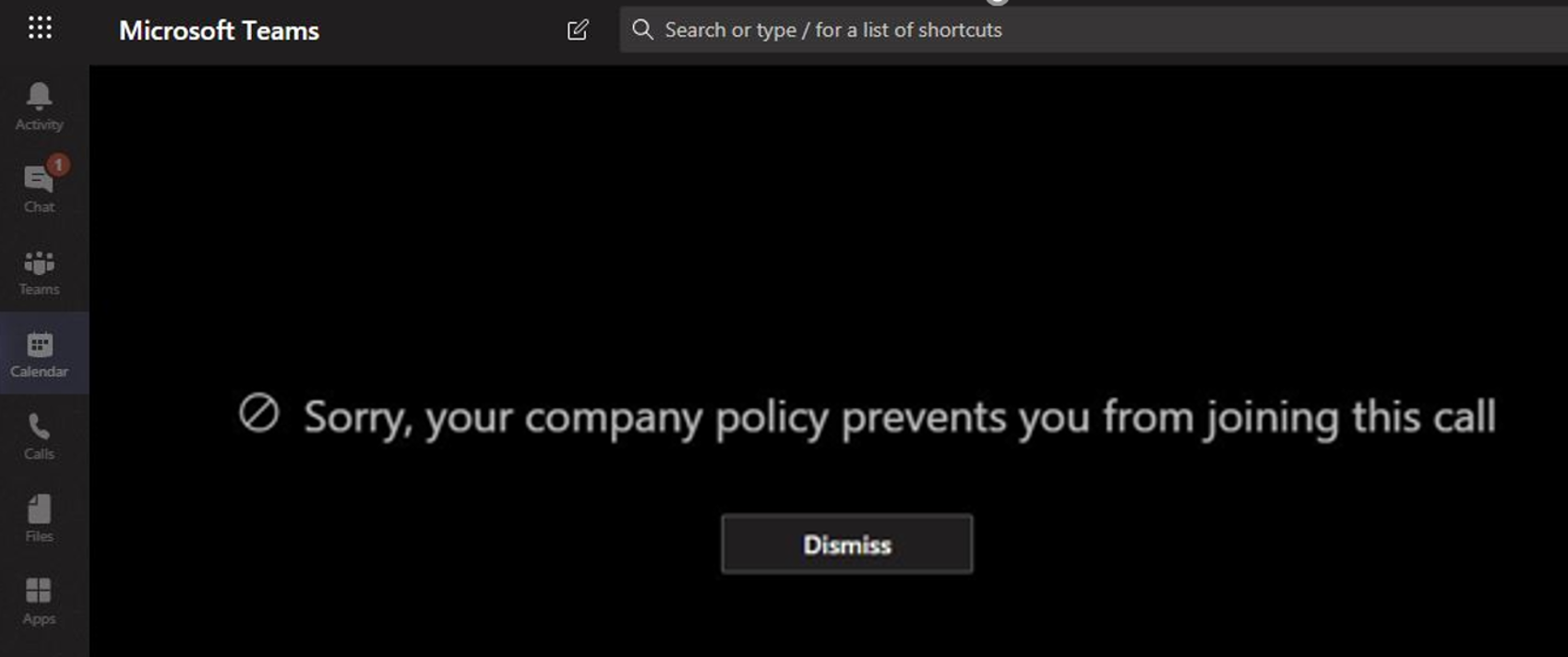 Screenshot showing the message a user receives when Microsoft Teams blocks them from joining a call.