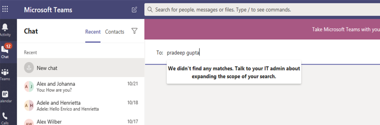 Screenshot showing blocked communication in a one-on-one chat in Microsoft Teams.
