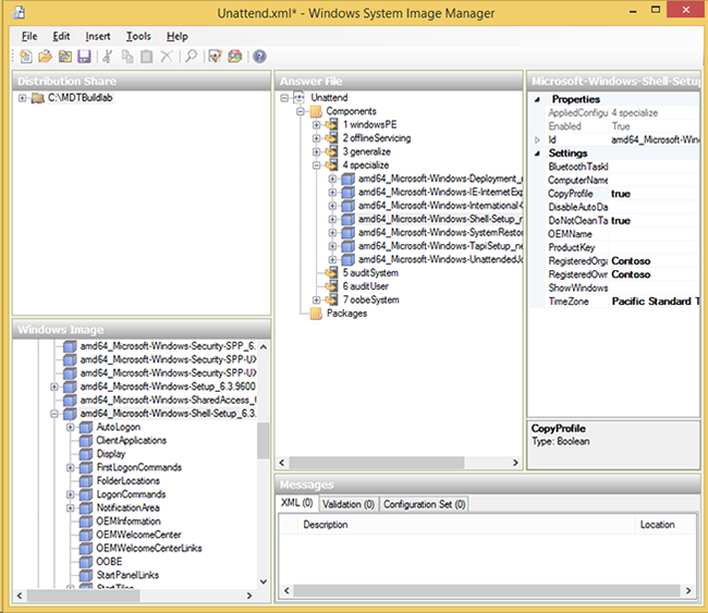 Windows S I M で開かれた Windows 応答ファイルのスクリーンショット。