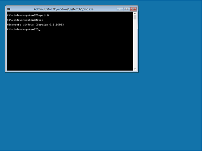 Windows A D K の既定の Windows P E ブート イメージで起動されたマシンのスクリーンショット。