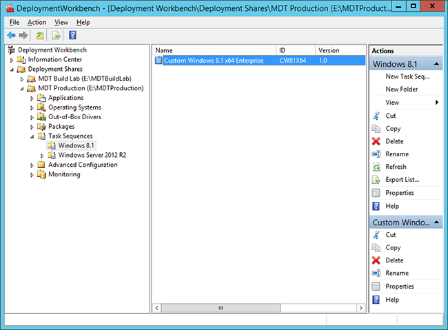 タスク シーケンスを示す Deployment Workbench のスクリーンショット。