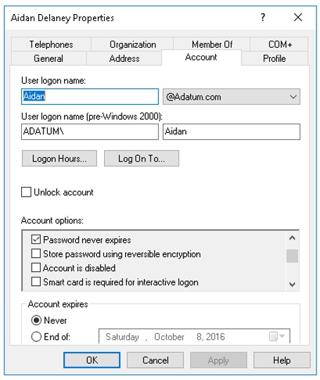 Screenshot of the user properties screen showing where password policies are set.