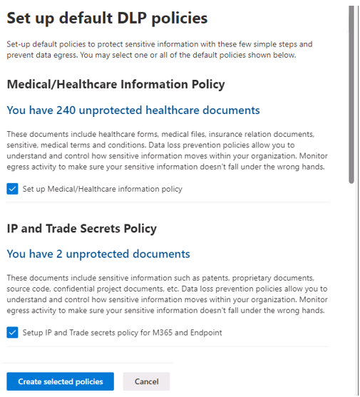 Screenshot showing the  Setup default DLP policies pane.