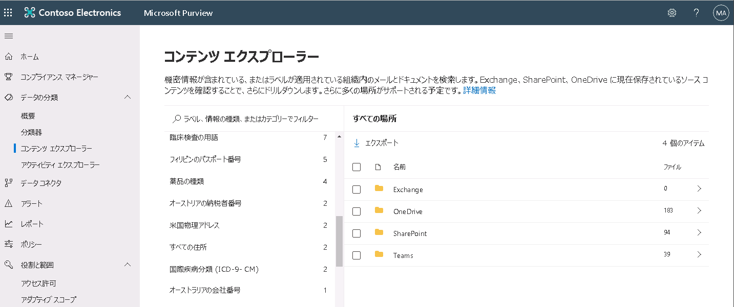 Microsoft Purview コンプライアンス ポータルのコンテンツ エクスプローラー ページを示すスクリーンショット。