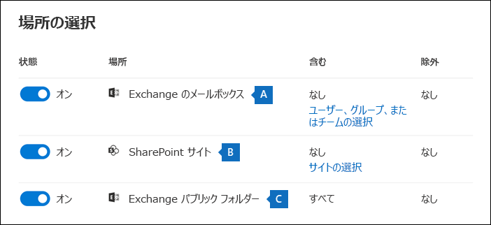 New Hold ウィザードの [ロケーションの選択] ページのスクリーンショット。3 つのロケーションがそれぞれ強調表示されています。