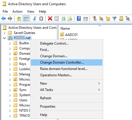 Active Directory の [ドメイン コントローラーの変更] オプションのスクリーンショット。