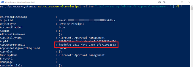 Microsoft Entra サービス プリンシパルを表示する要求の出力のスクリーンショット。