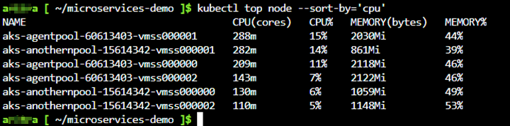kubectl top node コマンドを実行しているスクリーンショット。