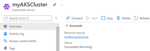 Azure Kubernetes Service (A K S) クラスターの [概要] ページの Azure portal のスクリーンショット。[要点] セクションの状態は [Succeeded (Running)]\(成功 (実行中)\) です。